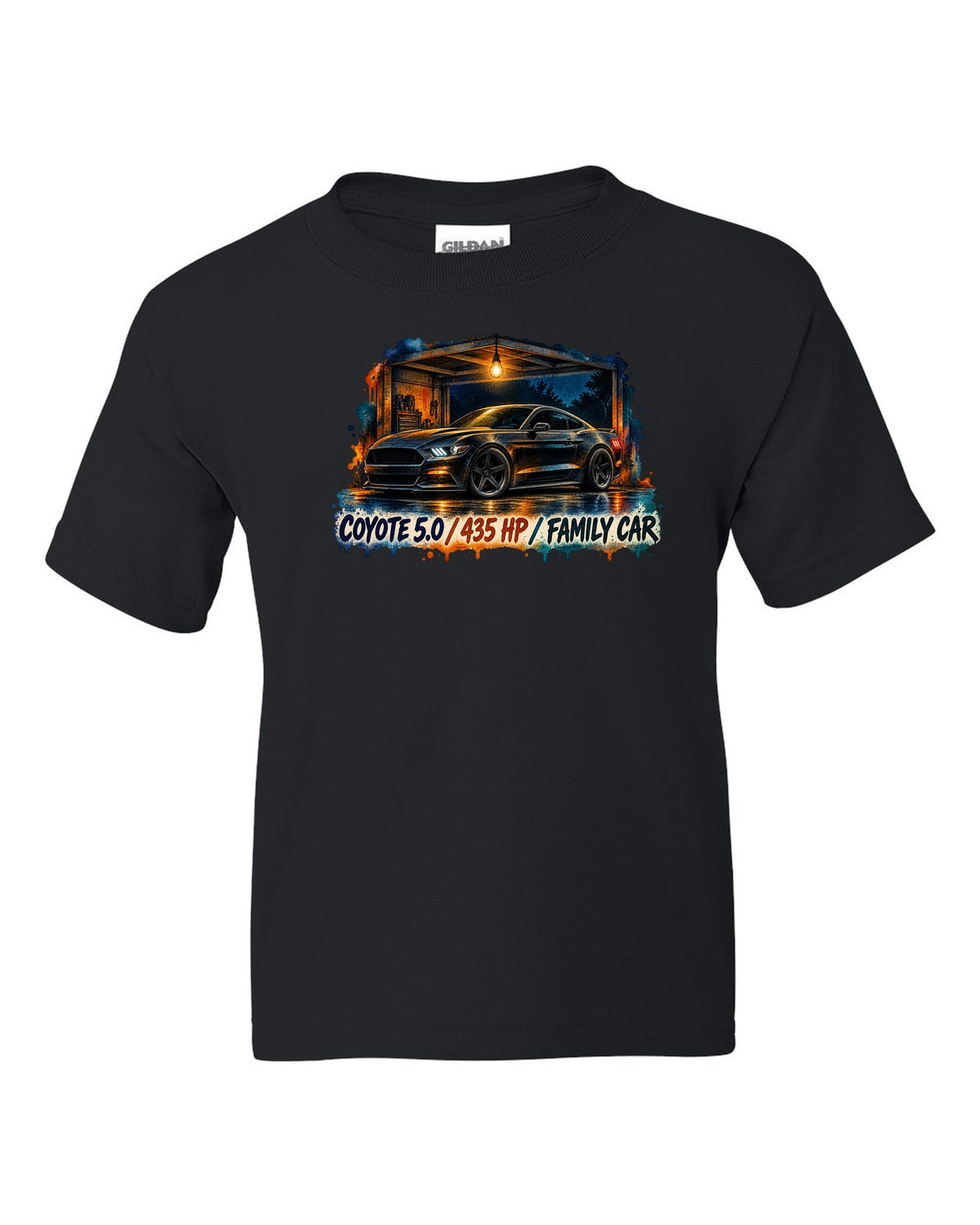 Watercolour night print of a Ford Mustang S550 GT with Coyote 5.0 435 HP family car text black kids tee front view with the design