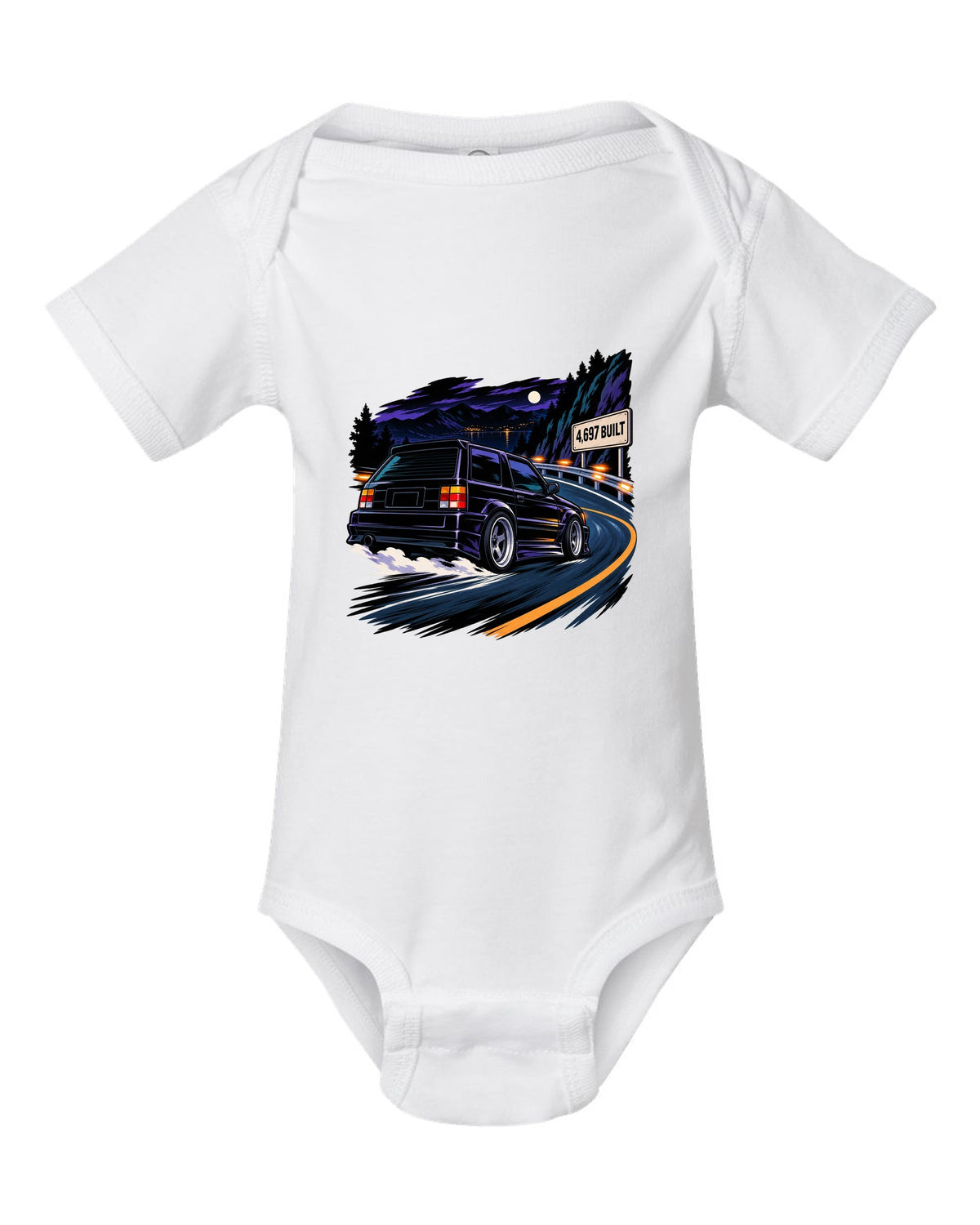 Cel-shaded 90s anime night touge scene with a 1992-93 GMC Typhoon and 4,697 BUILT text white baby onesie front view with the design