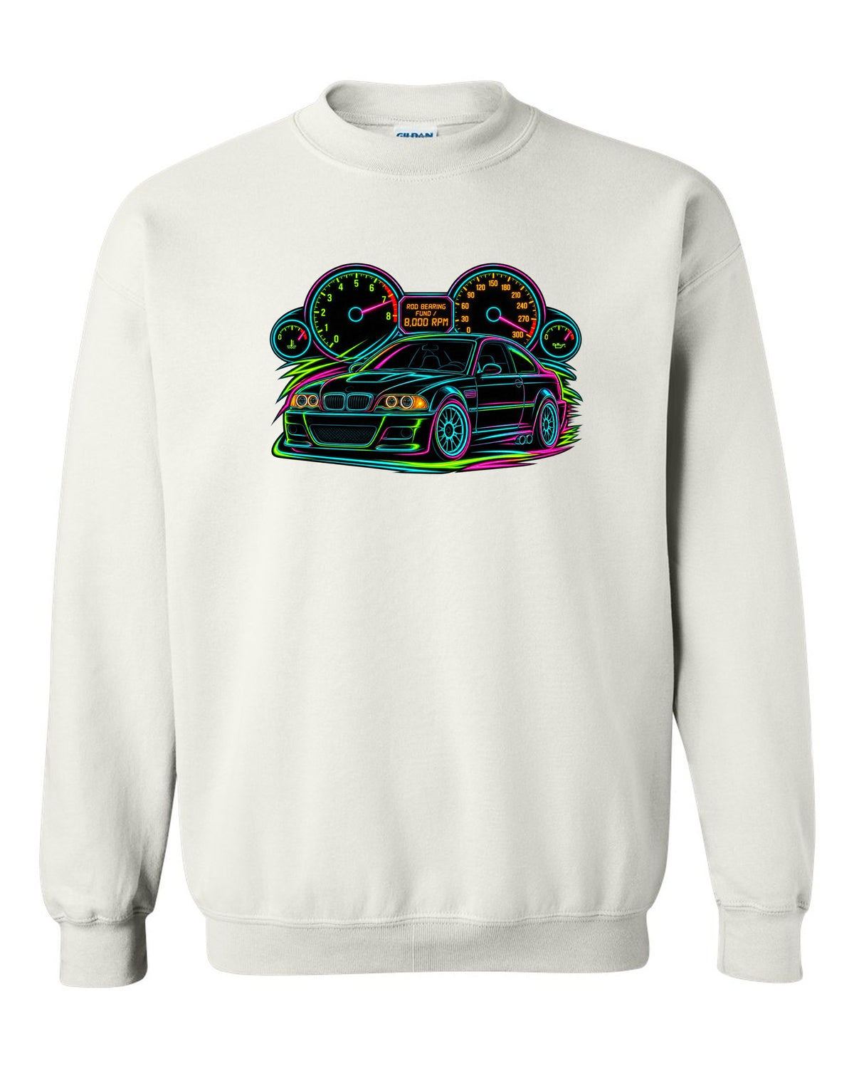Neon line art redline gauge of a BMW E46 M3 coupe with 8,000 RPM and rod bearing fund text white crewneck front view with the design