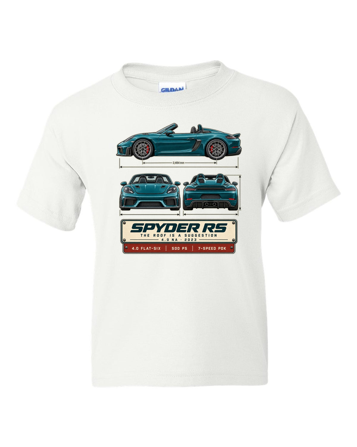 Three-view spec print of a Porsche 718 Spyder RS 982 white kids tee front view with the design