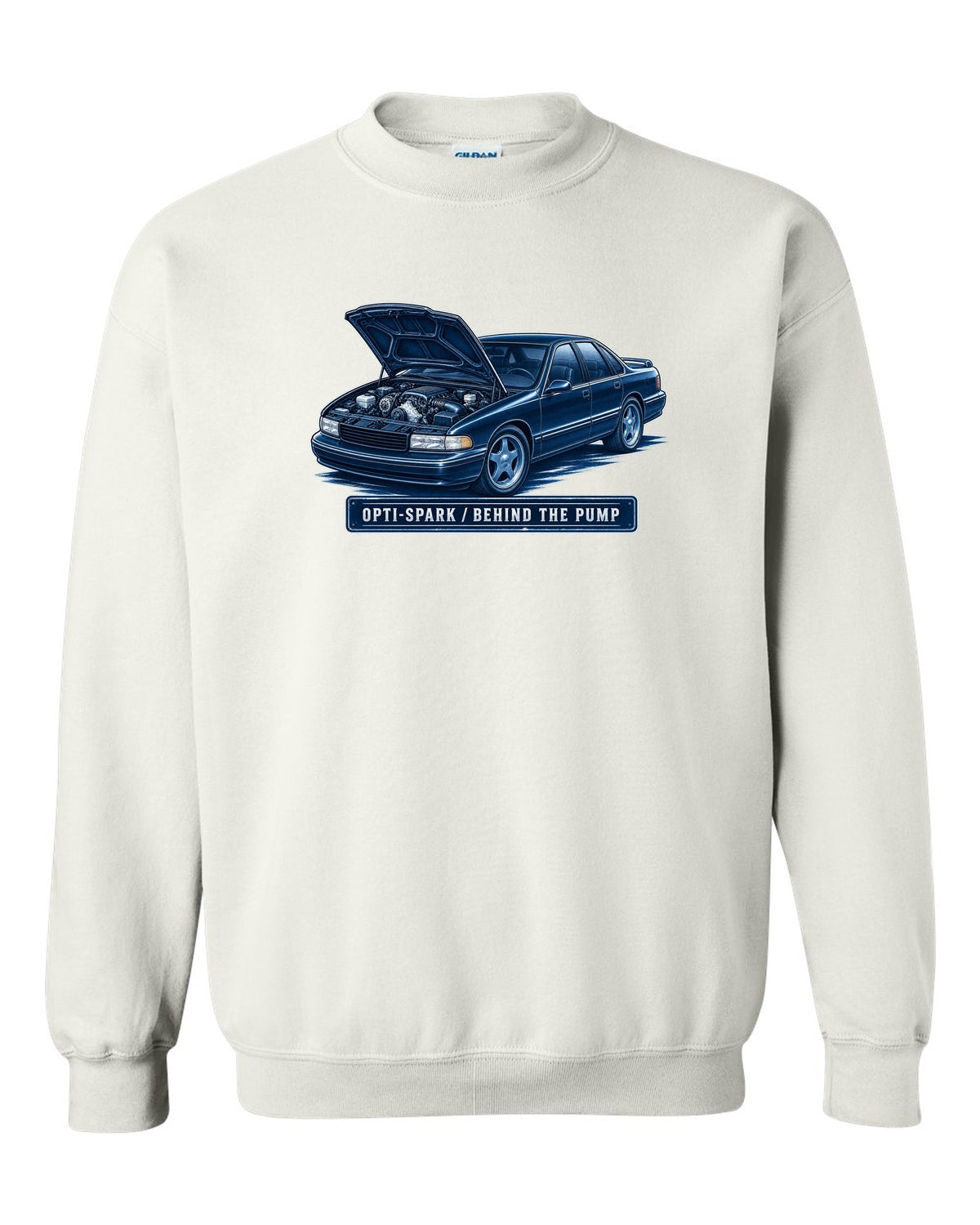 Cyanotype white-line illustration of a 1995 Chevrolet Impala SS with Opti-Spark lettering white crewneck front view with the design