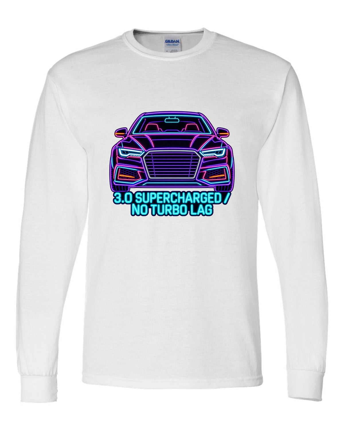 Neon sign line art print of an Audi S4 B8 with 3.0 Supercharged text white long sleeve front view with the design