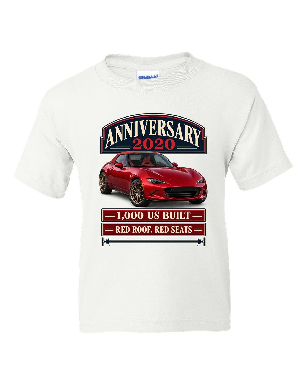 Archive panel layout of a 2020 Mazda MX-5 ND 100th Anniversary Edition with red roof and seats white kids tee front view with the design