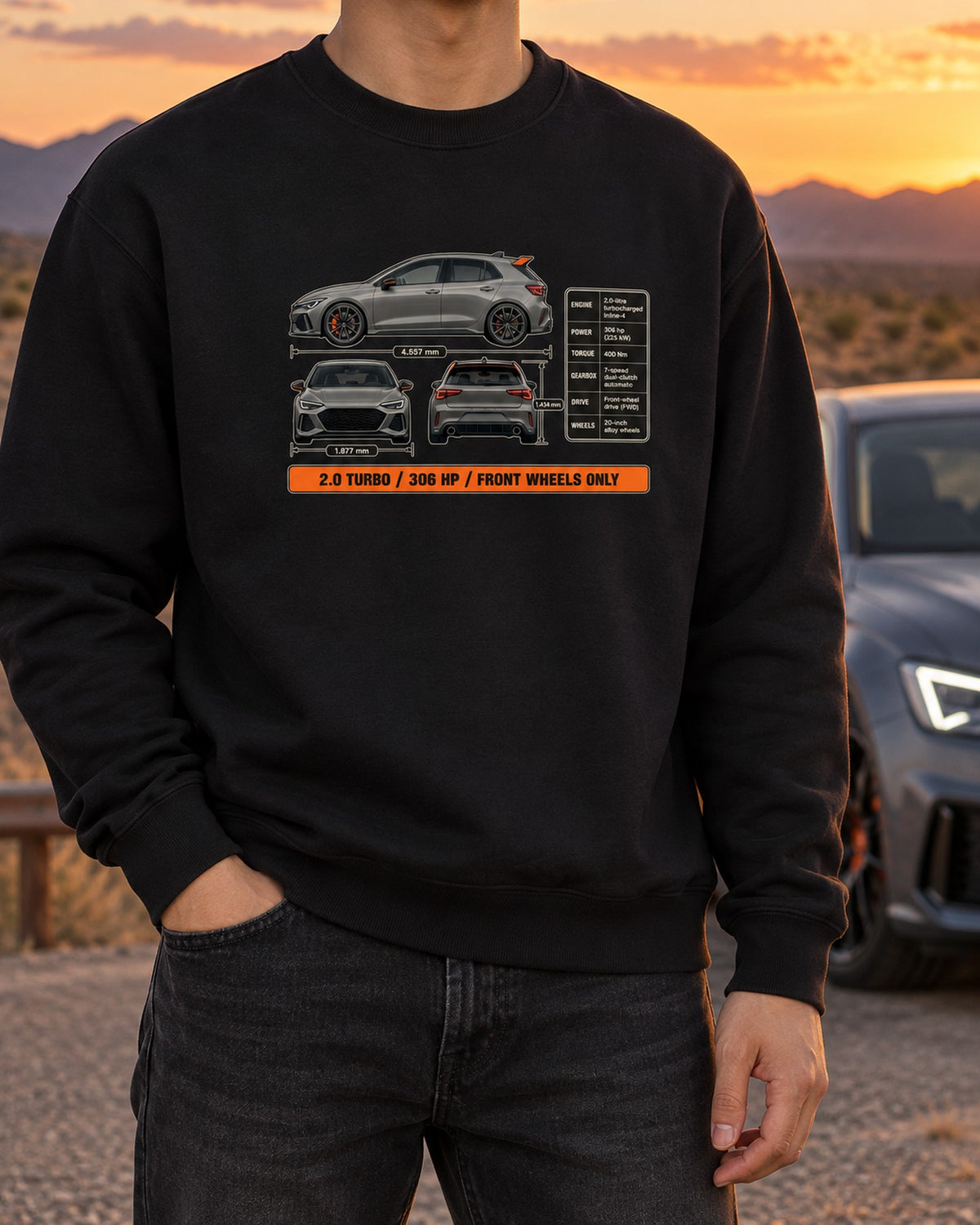 Civic Type R FK8 Sonic Grey Three-View Shirt, Honda Car Tee Crewneck Black worn hero