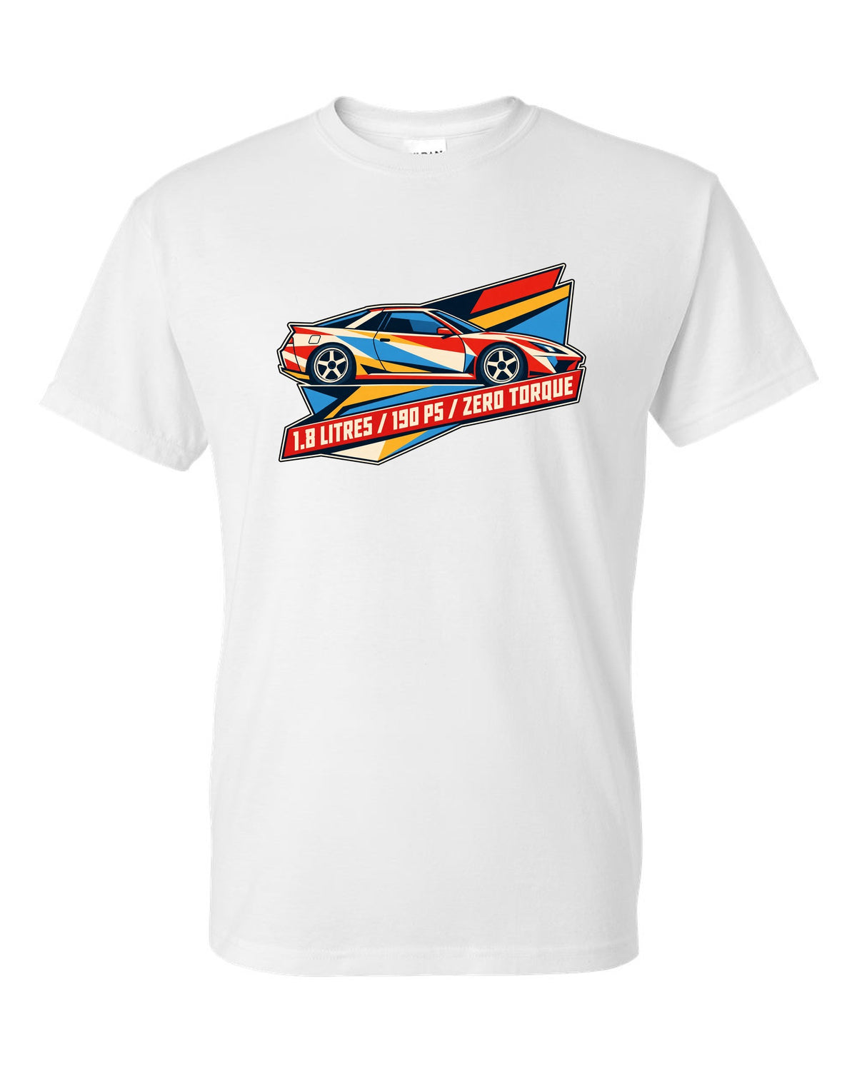 Geometric origami constructivist poster of the Toyota Celica ZZT231 with 190 PS text white t-shirt front view with the design