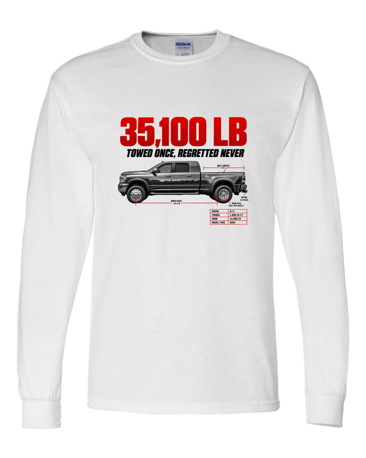 Ram 3500 5th Gen Side Profile Spec Poster Tee, 35,100 Lb white long sleeve front view with the design