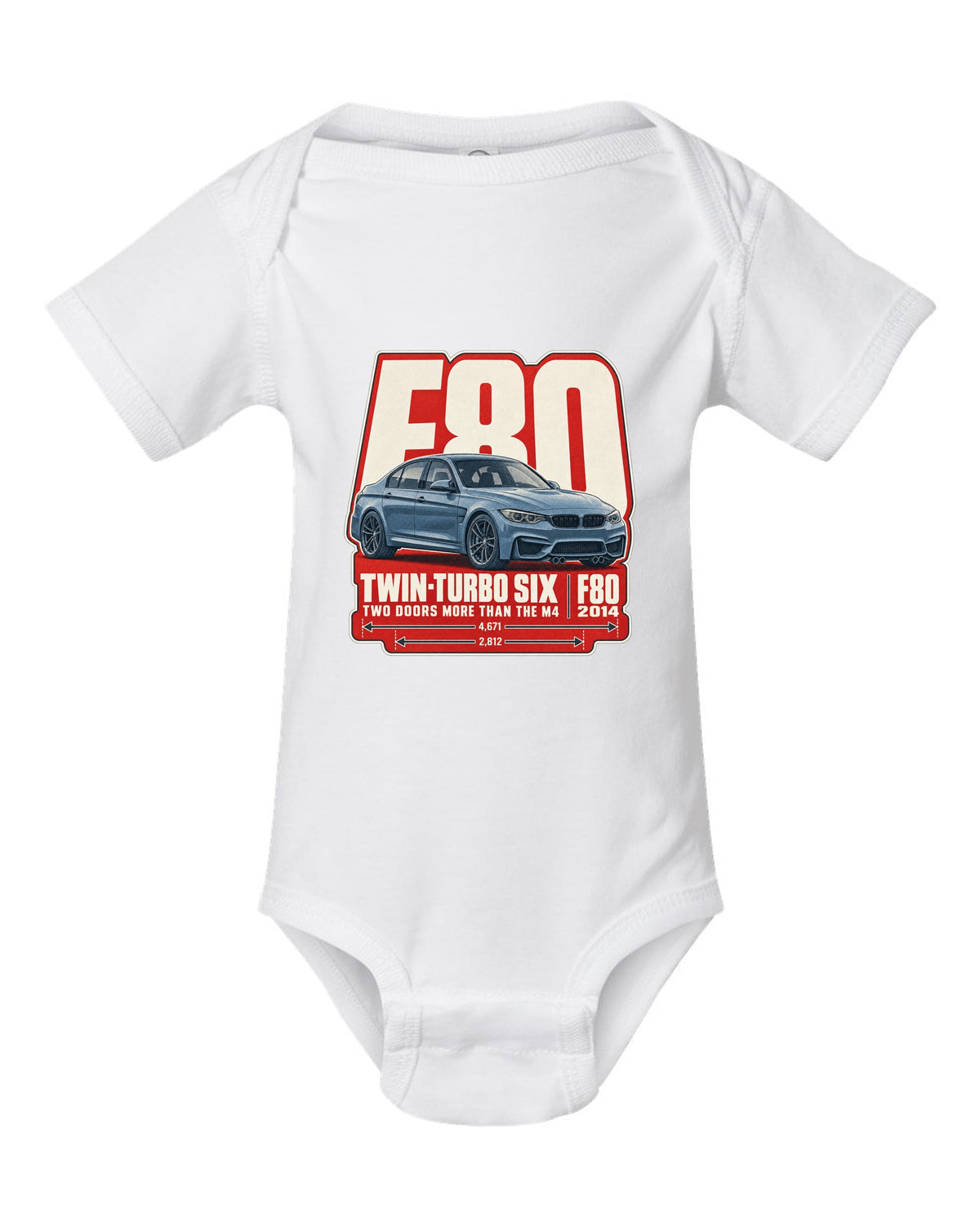BMW M3 F80 halftone dot statement print white baby onesie front view with the design