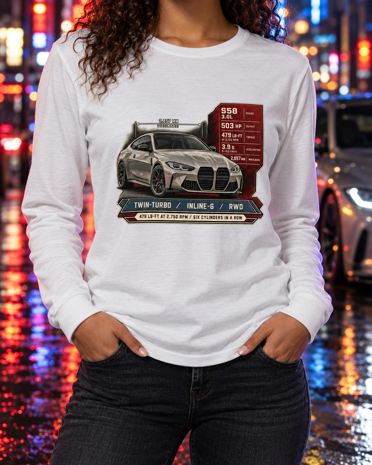 BMW M4 Competition G82 Spec Poster Shirt, Inline-Six Torque Tee Long Sleeve White worn hero