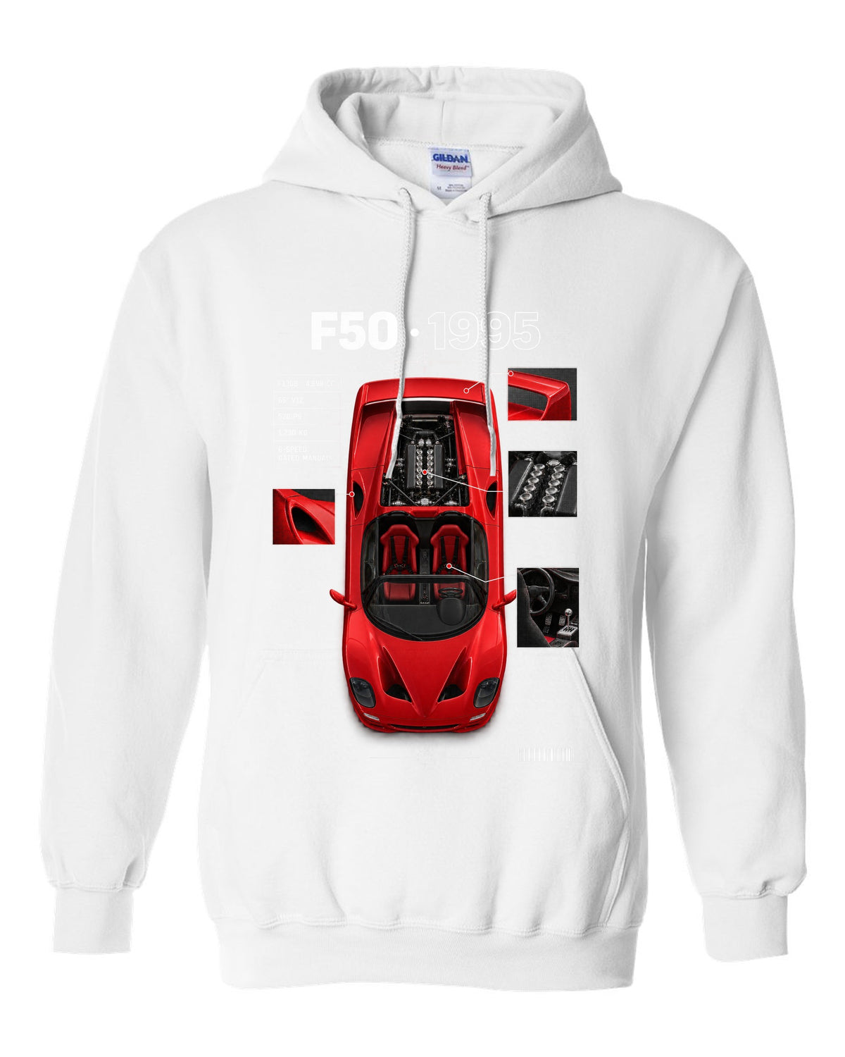 Ferrari F50 1995 top-down plan spec poster print, F130B 4,698 cc V12, 520 PS white pull over hoodie front view with the design