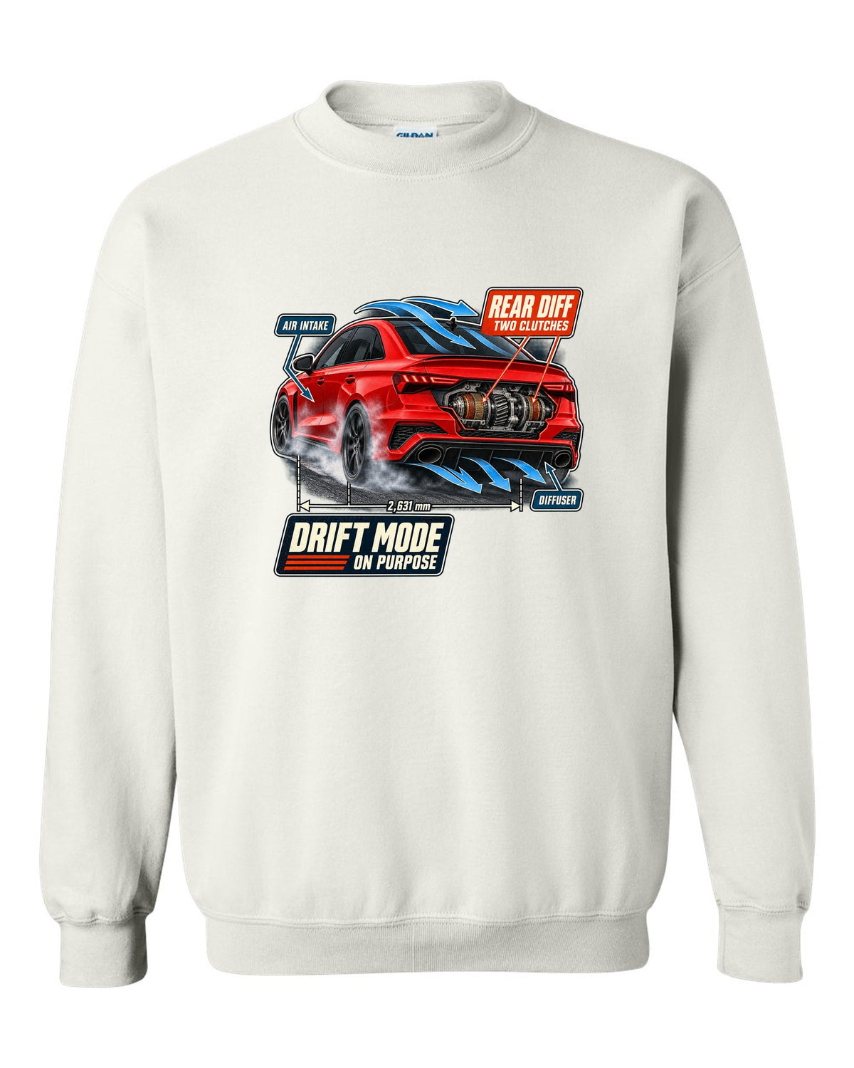 Cutaway callouts on an Audi RS3 8Y sedan showing rear diff and two clutches white crewneck front view with the design