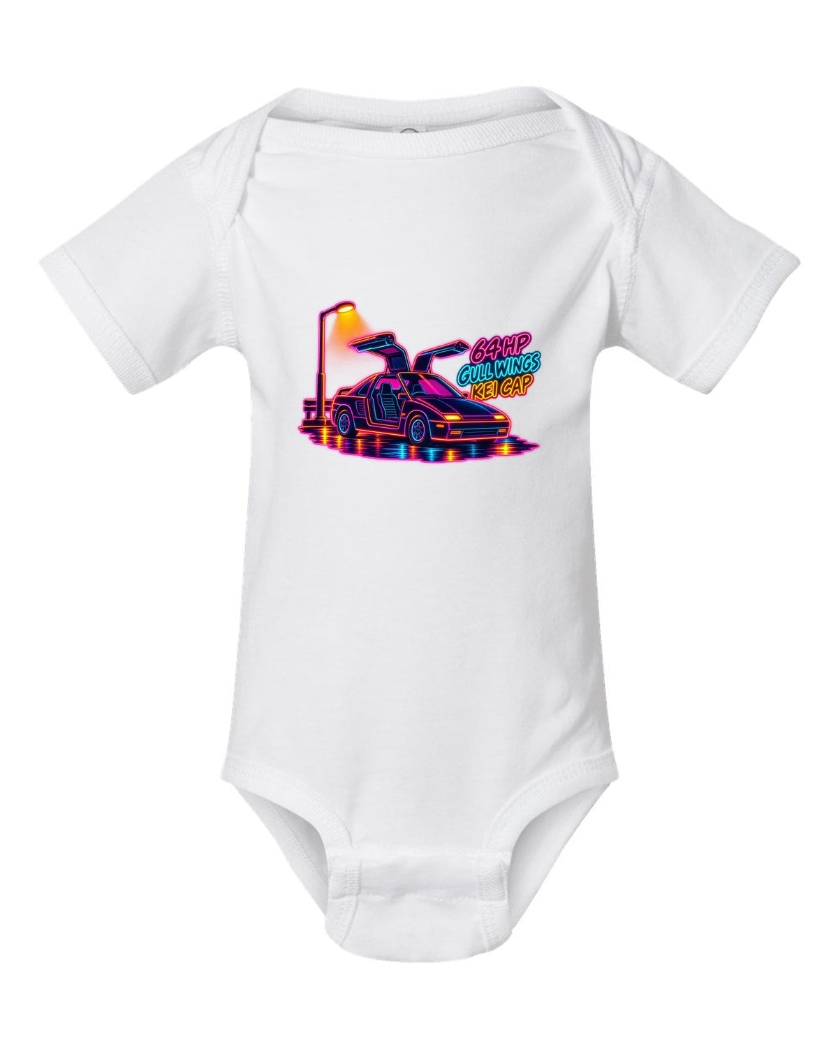 Neon synthwave line art print of an Autozam AZ-1 PG6SA with 64 HP gull wings kei cap lettering white baby onesie front view with the design