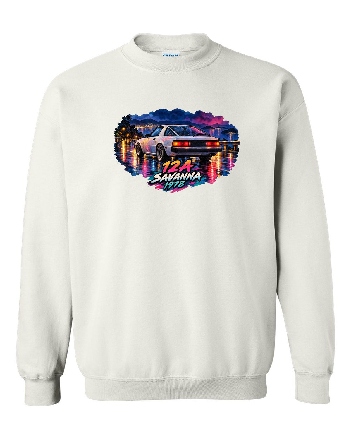 Watercolour wet road night print of a Mazda Savanna RX-7 SA22C with text 12A, Savanna, 1978 white crewneck front view with the design