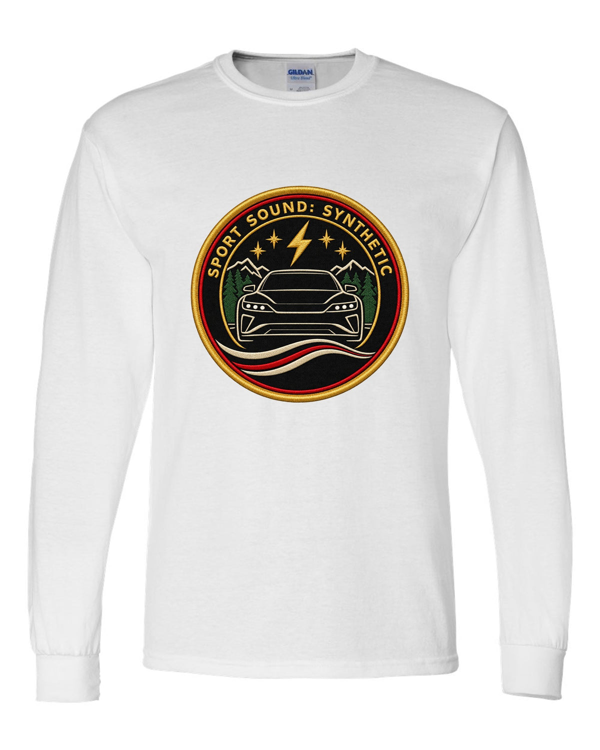 Porsche Taycan Turbo S 9J1 round embroidery-style crest print with the text sport sound synthetic white long sleeve front view with the design