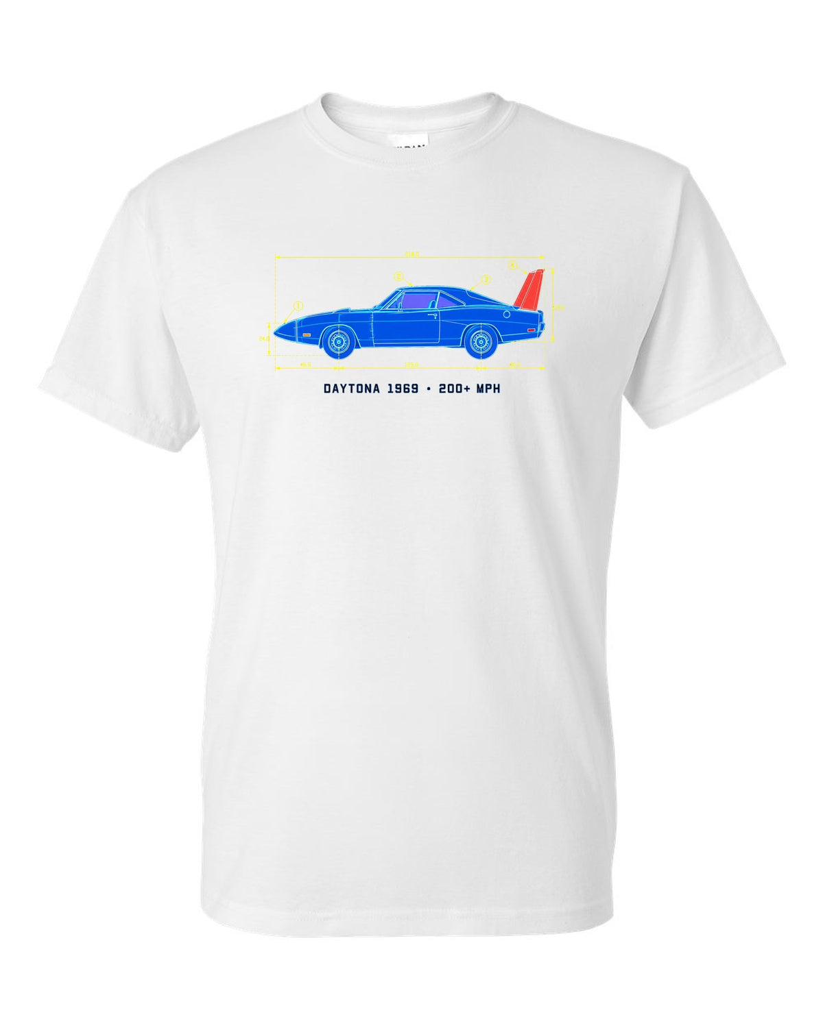 1969 Dodge Charger Daytona blueprint patent sheet print with 200+ MPH text white t-shirt front view with the design