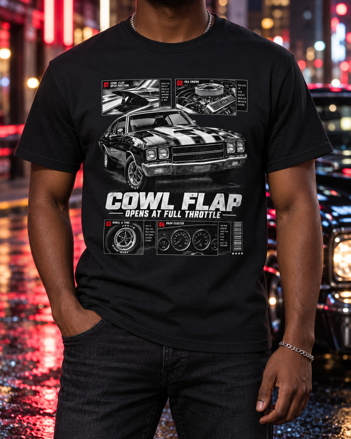 1970 Chevelle SS 454 Cowl Flap Dossier Graphic Tee T-Shirt Black worn hero