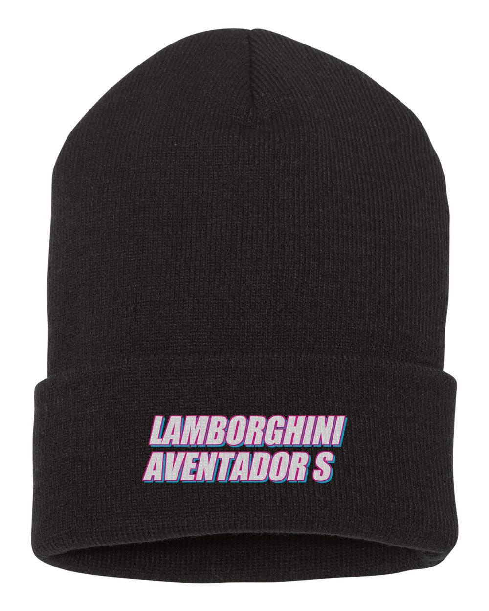 Lamborghini Aventador S black beanie front view with car name