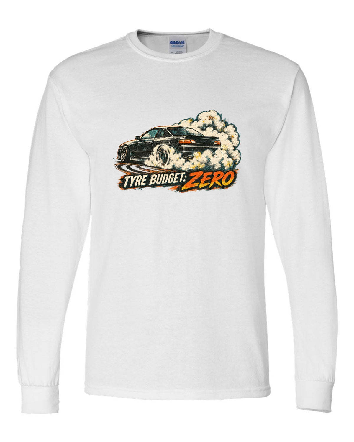 Distressed screenprint print of a 1999 Nissan Silvia S15 with Tyre Budget Zero lettering white long sleeve front view with the design
