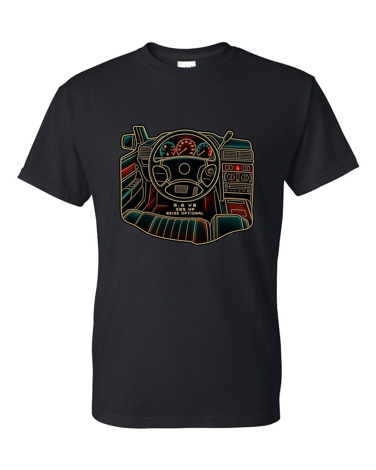 Minimal single-line drawing of a Mercedes 300E Hammer W124 with 5.6 V8 and 385 HP text black t-shirt front view with the design