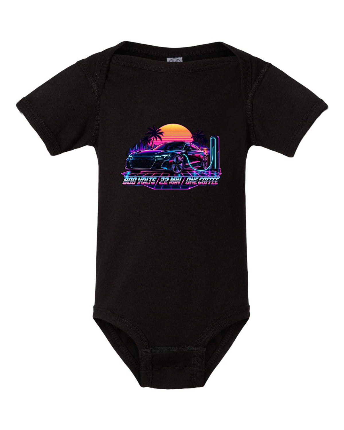 Synthwave print of an Audi e-tron GT at dusk with charging time text black baby onesie front view with the design