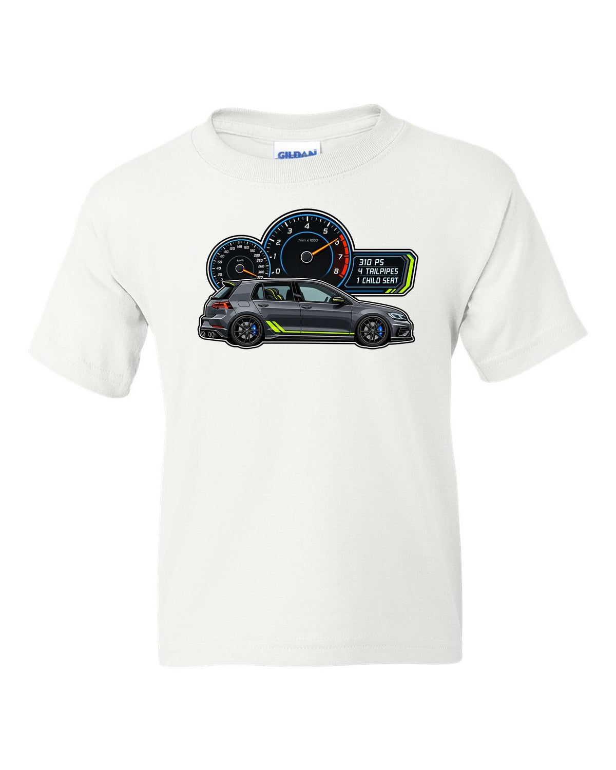 Gauge cluster style print for a VW Golf R Mk7.5 showing 310 PS 4 tailpipes 1 child seat white kids tee front view with the design