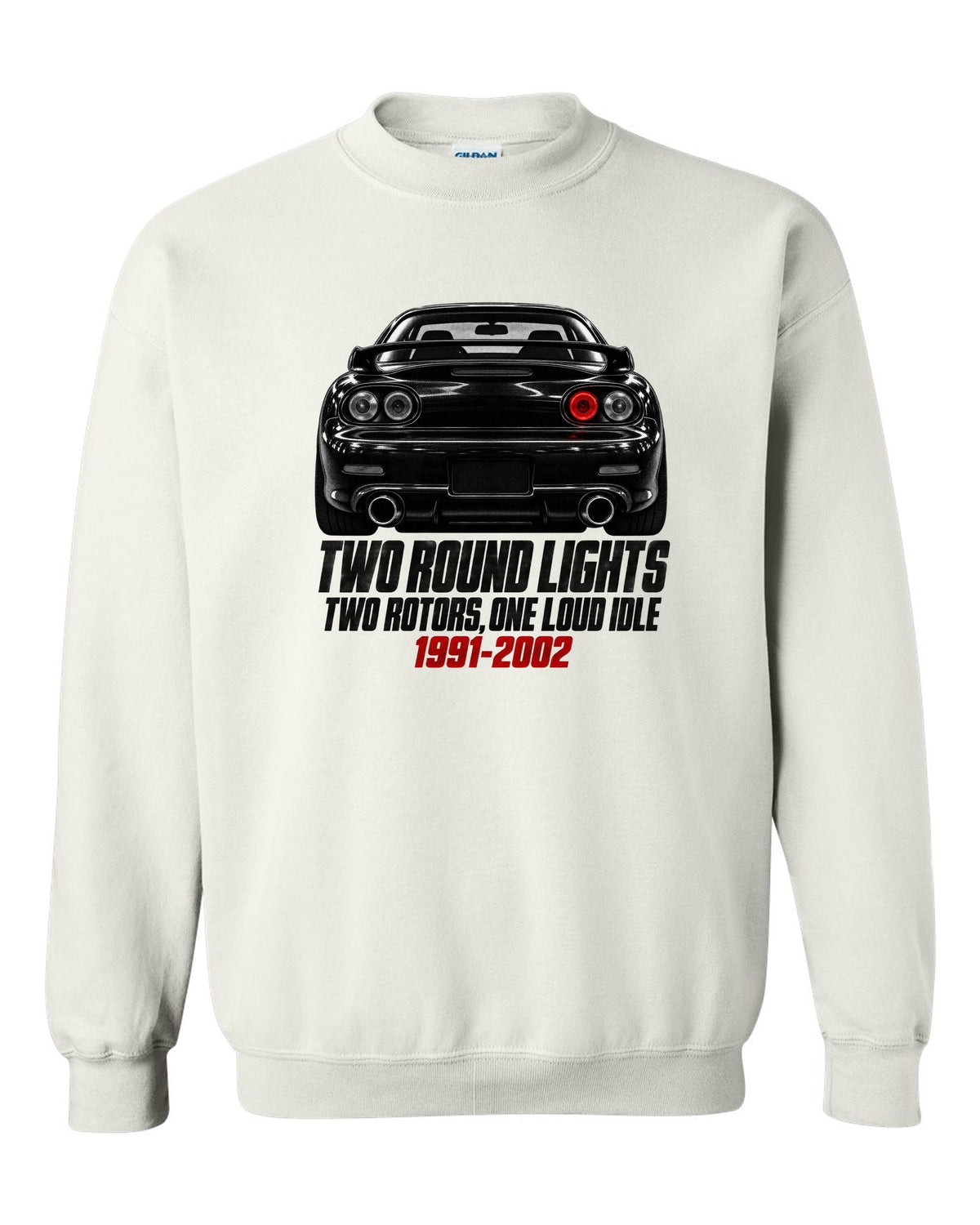 Taillight detail print of a Mazda RX-7 FD3S with two round lamps white crewneck front view with the design