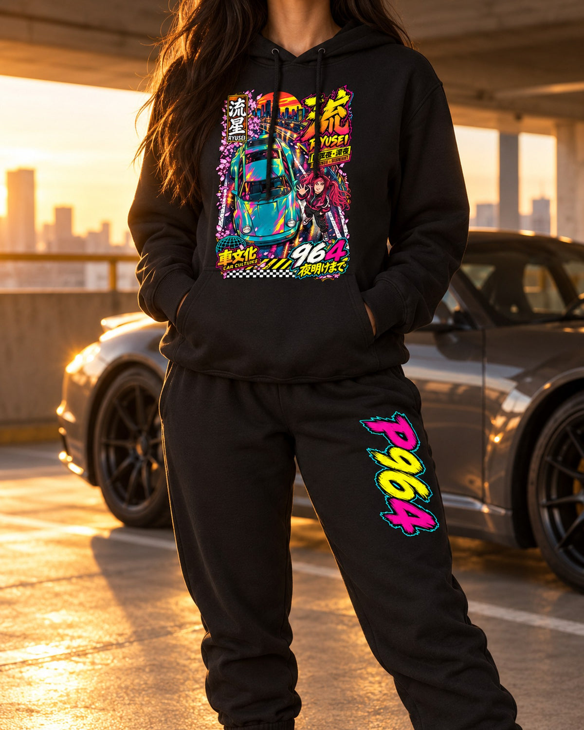 P964 Ryusei Anime Girl Poster Hoodie + Jogger Set Black worn hero