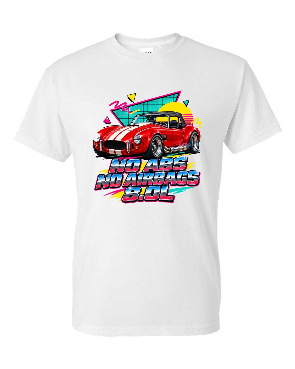 Airbrushed 90s Memphis grid print of a 1992 Dodge Viper RT/10 with no ABS text white t-shirt front view with the design