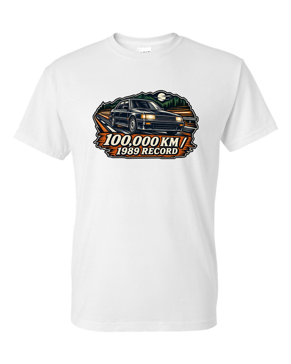 Linocut woodcut style illustration of a Subaru Legacy BC5 RS with 100,000 km 1989 record text white t-shirt front view with the design