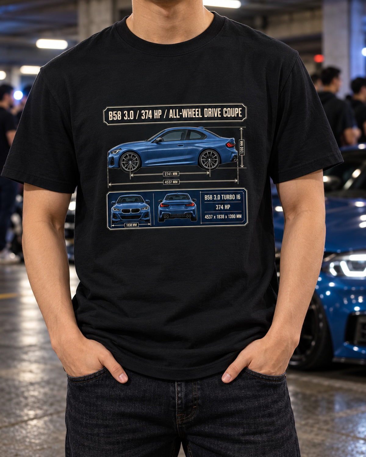 BMW M240i xDrive G42 Dimension Blueprint Shirt T-Shirt Black worn hero