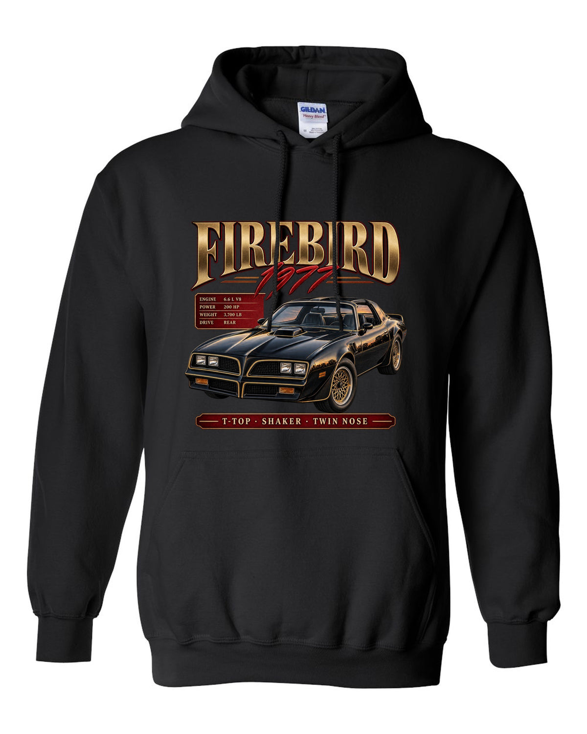 print archive panel of a 1977 Pontiac Firebird T-top with shaker and twin nose lettering black pull over hoodie front view with the design