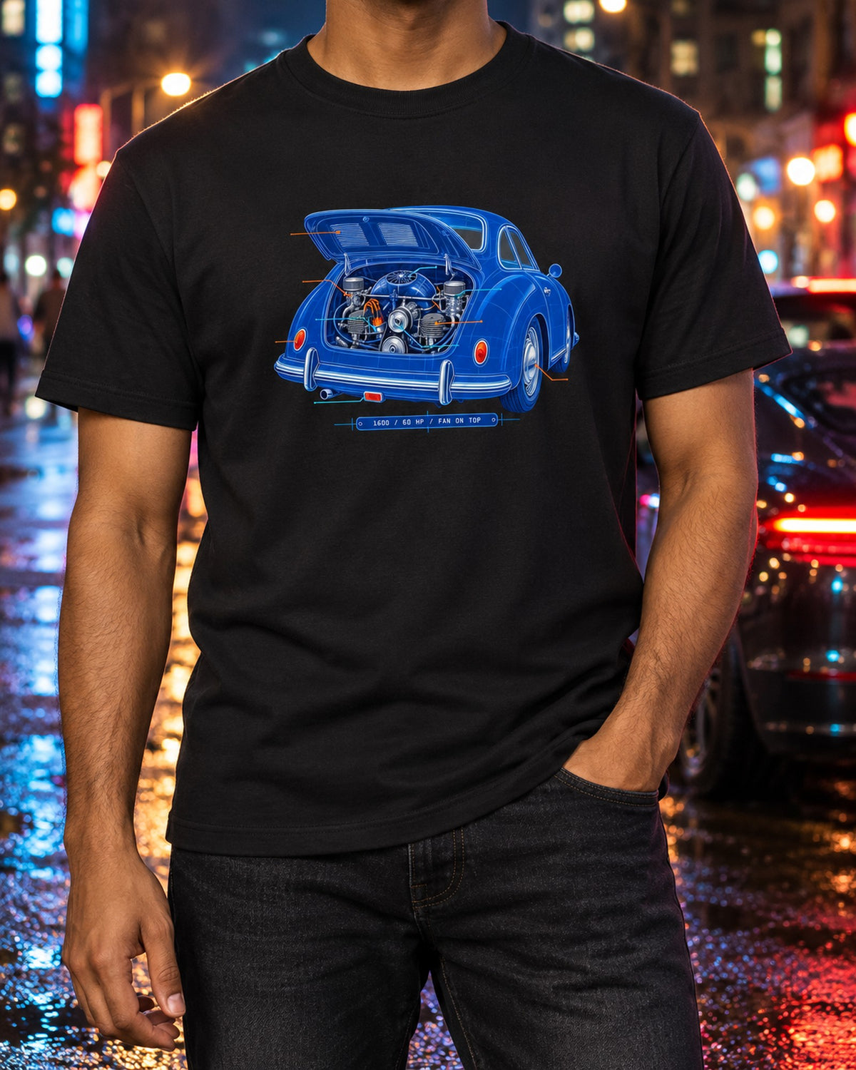Night Garage Porsche 911 SC Targa Linocut Shirt, 180 PS T-Shirt Black worn hero