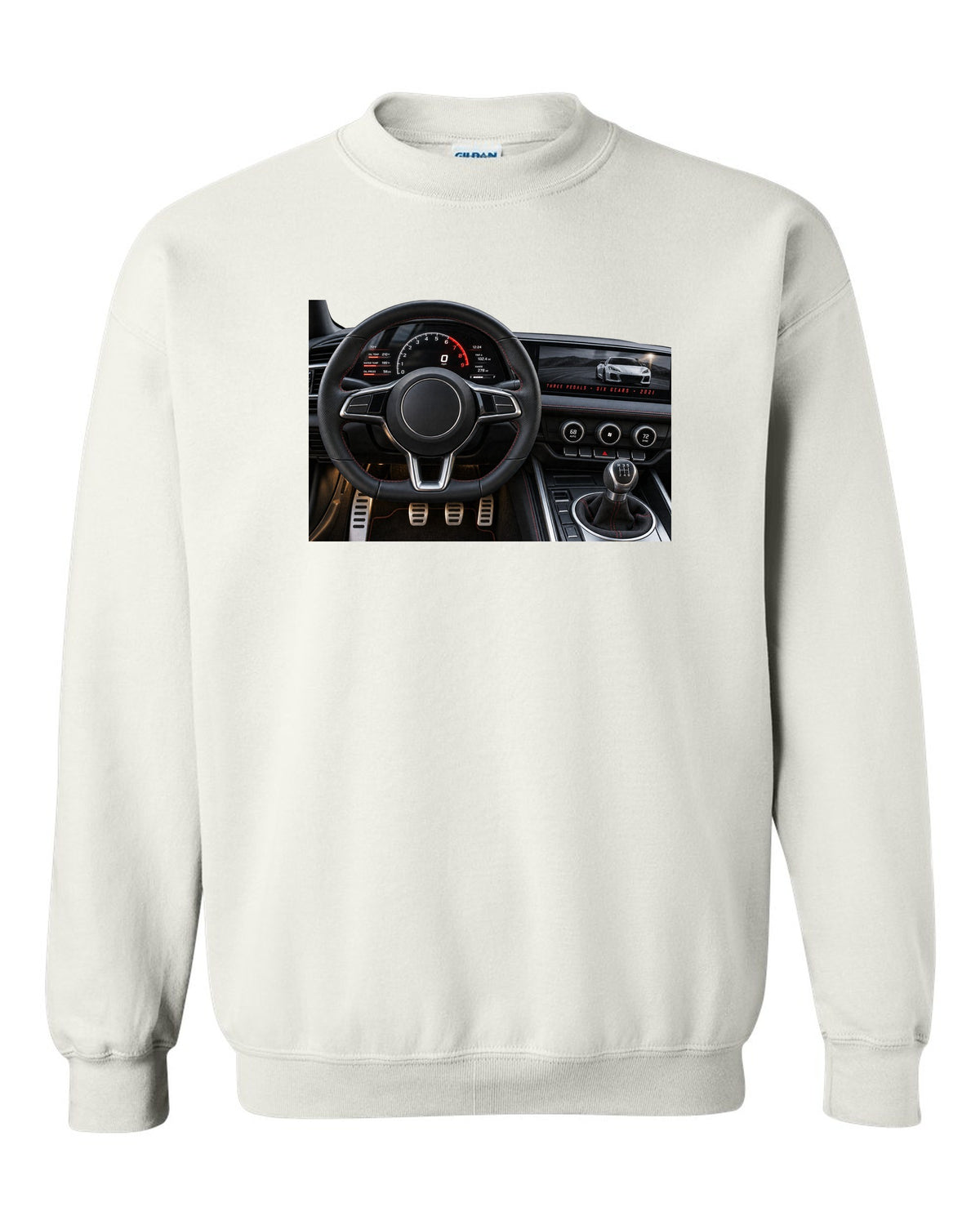 BMW G80 M3 cockpit gauge print with three pedals six gears lettering white crewneck front view with the design