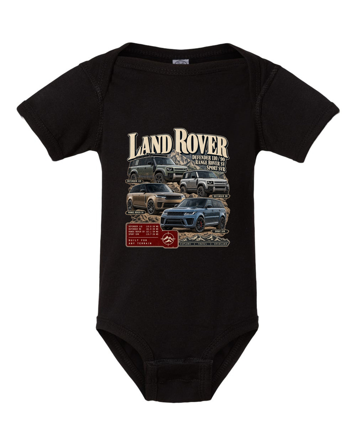 Archive panel print of the Jeep Grand Cherokee Trackhawk WK2 with 0-60 time black baby onesie front view with the design