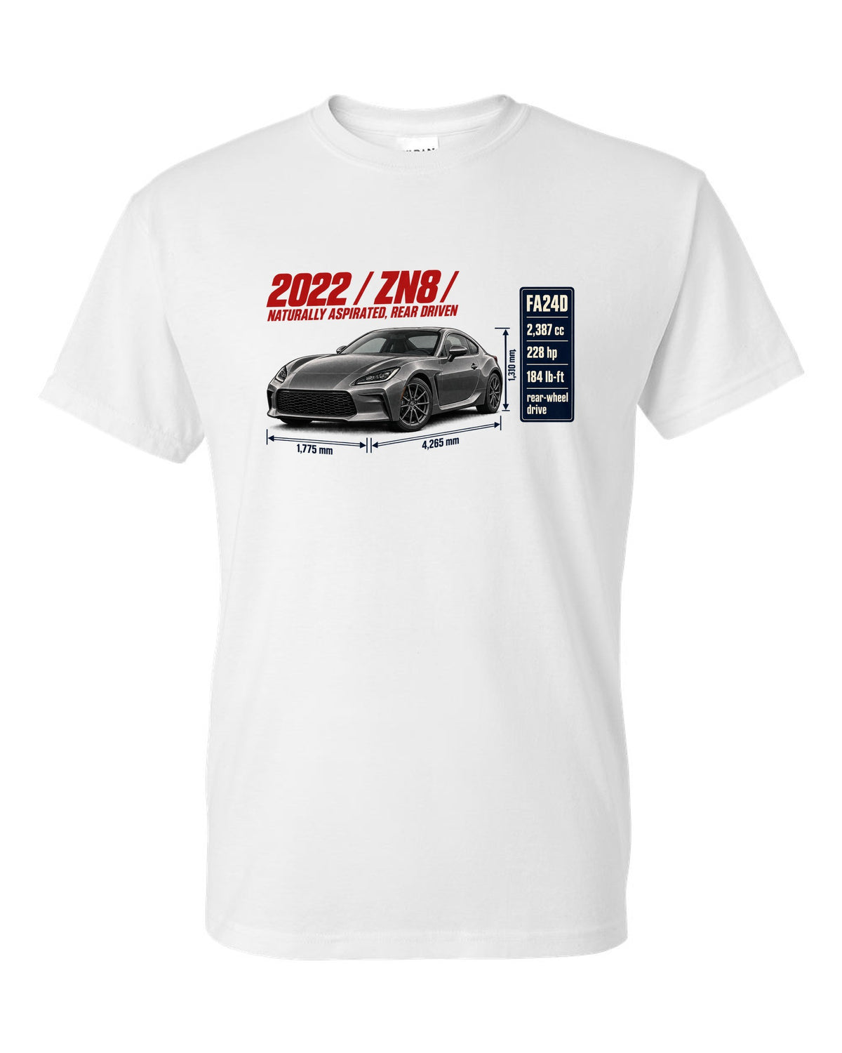 Spec poster layout for a 2022 Toyota GR86 ZN8, poster-style print white t-shirt front view with the design