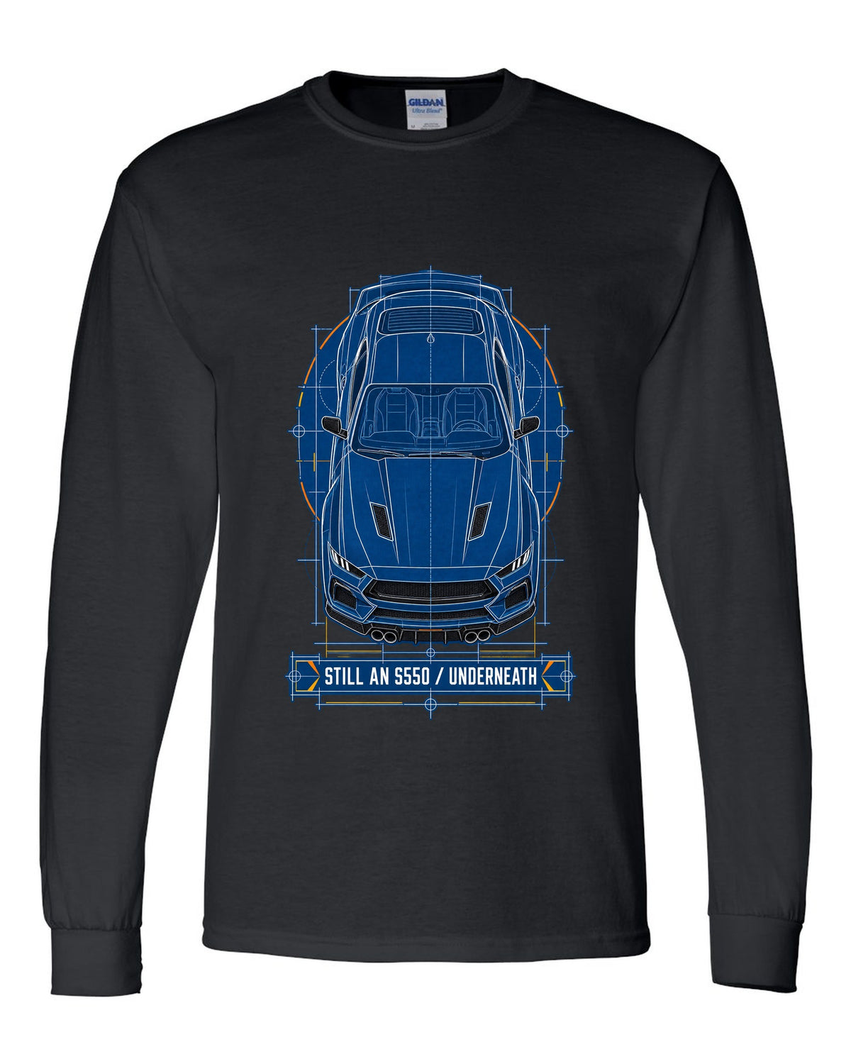 Cyanotype negative blueprint top view print of a 2024 S650 Mustang with Still An S550 Underneath black long sleeve front view with the design