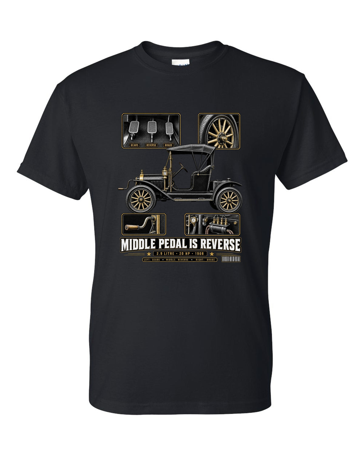 Dossier panel print of a Ford Model T runabout showing its three pedals black t-shirt front view with the design