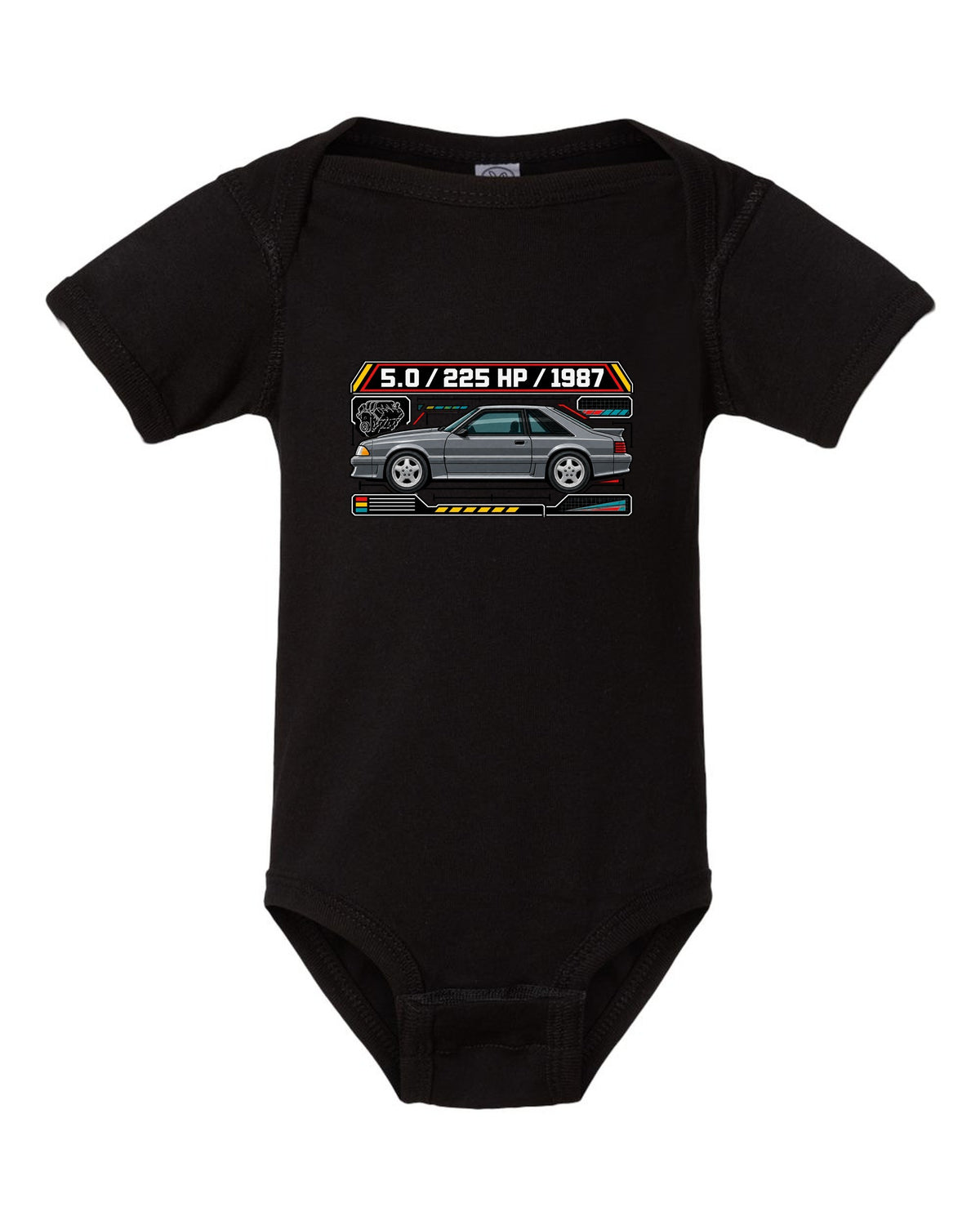 Spec-sheet data plate print of a 1987 Ford Mustang Fox Body GT chback black baby onesie front view with the design