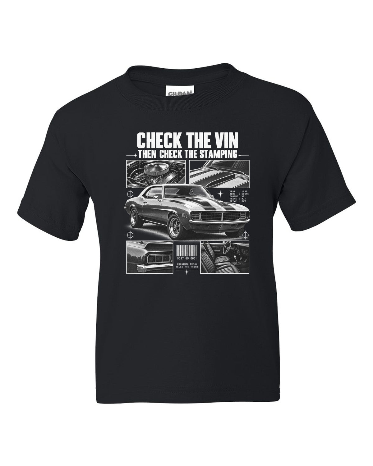 Dossier-panel print of a 1969 Chevrolet Camaro with check the VIN and stamping text black kids tee front view with the design