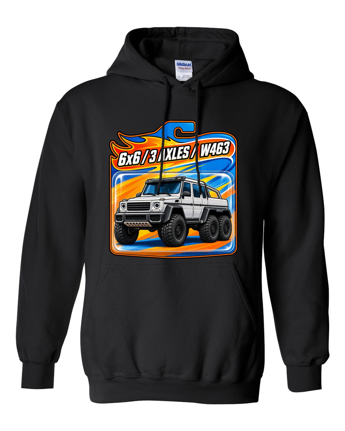 Toy blister card graphic of a Mercedes G63 6x6 W463 with three axles, print black pull over hoodie front view with the design