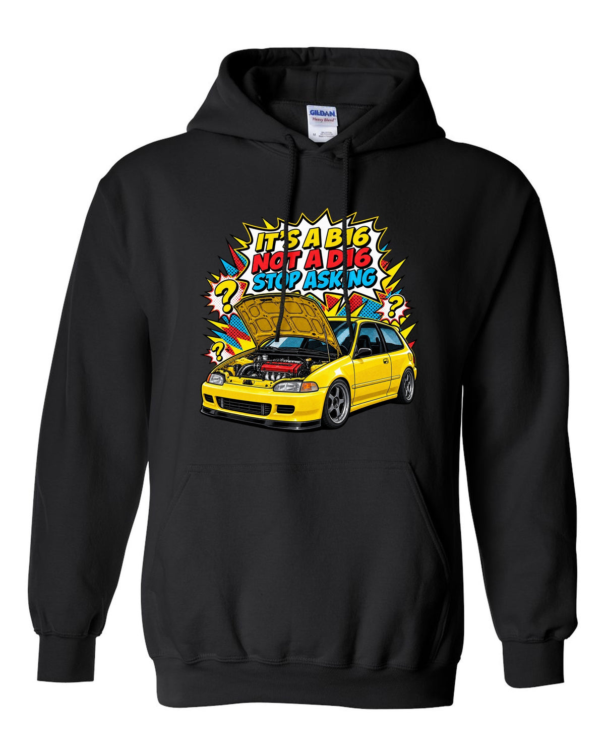 Comic action burst print of a 1992 Honda Civic EG6 ch with it's a B16 not a D16 text black pull over hoodie front view with the design