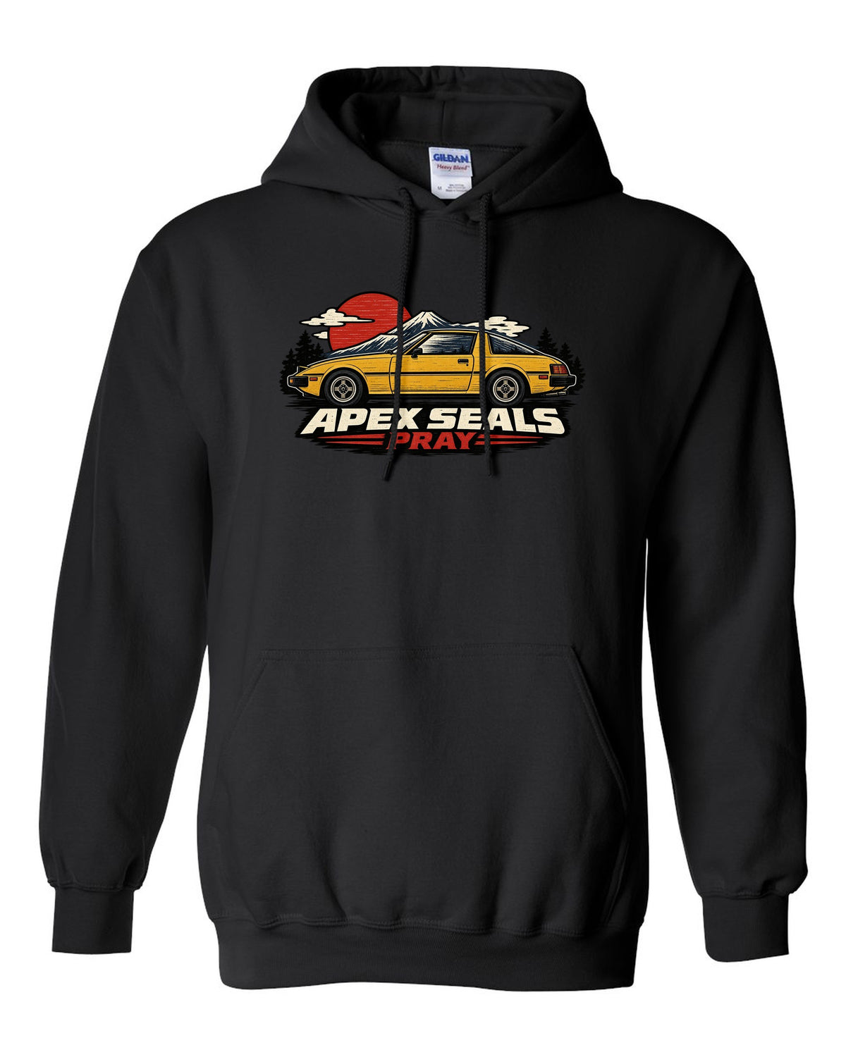 Mazda RX-7 SA22C Linocut Side Profile black pull over hoodie front view with the design