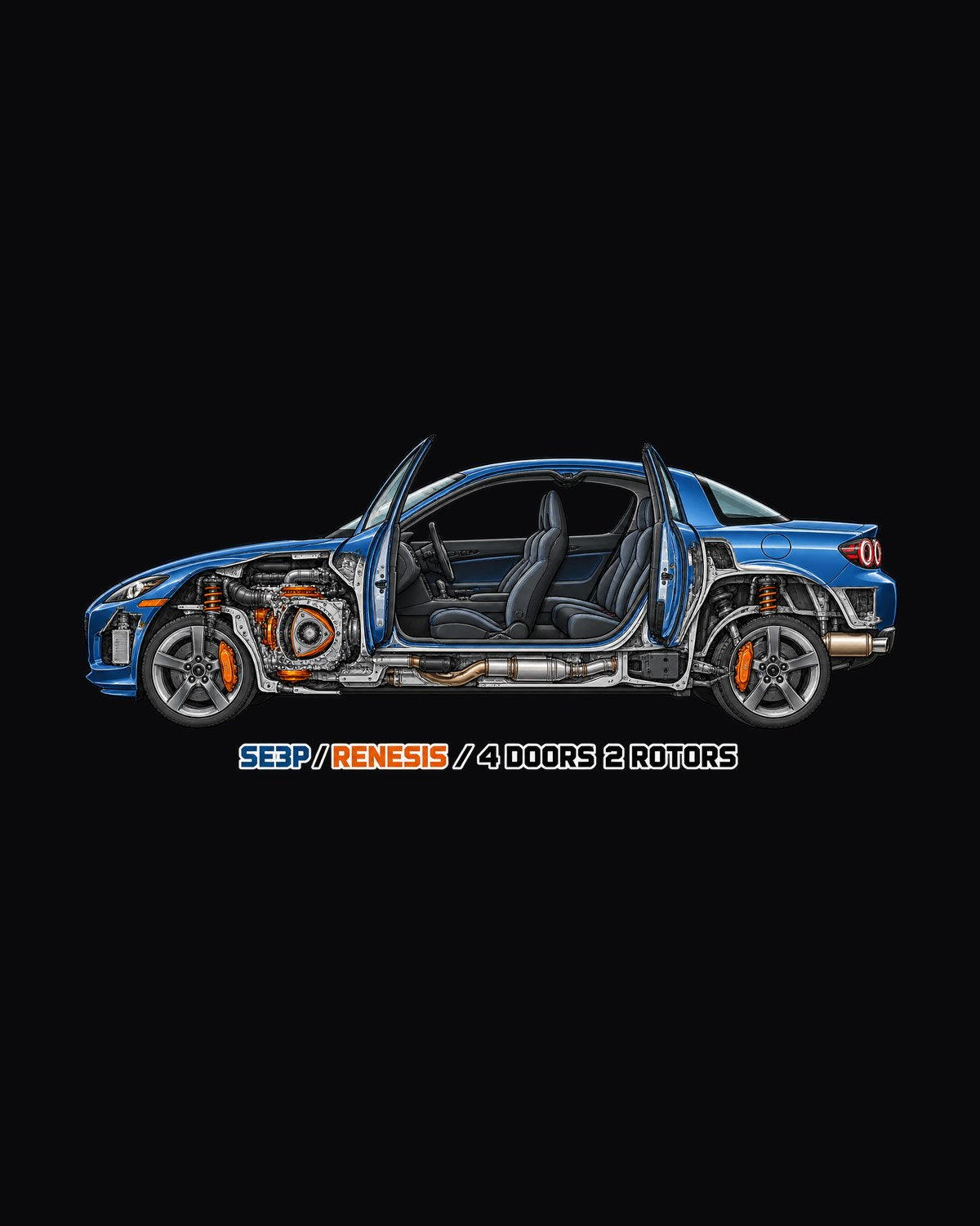 Mazda RX-8 SE3P Cutaway Illustration Tee, Four Doors Two Rotors design only