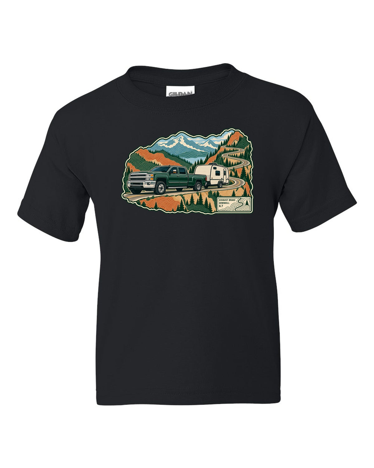 Topographic mountain pass print with a 2010-2018 Ram 2500 6.7 Cummins towing a camper black kids tee front view with the design