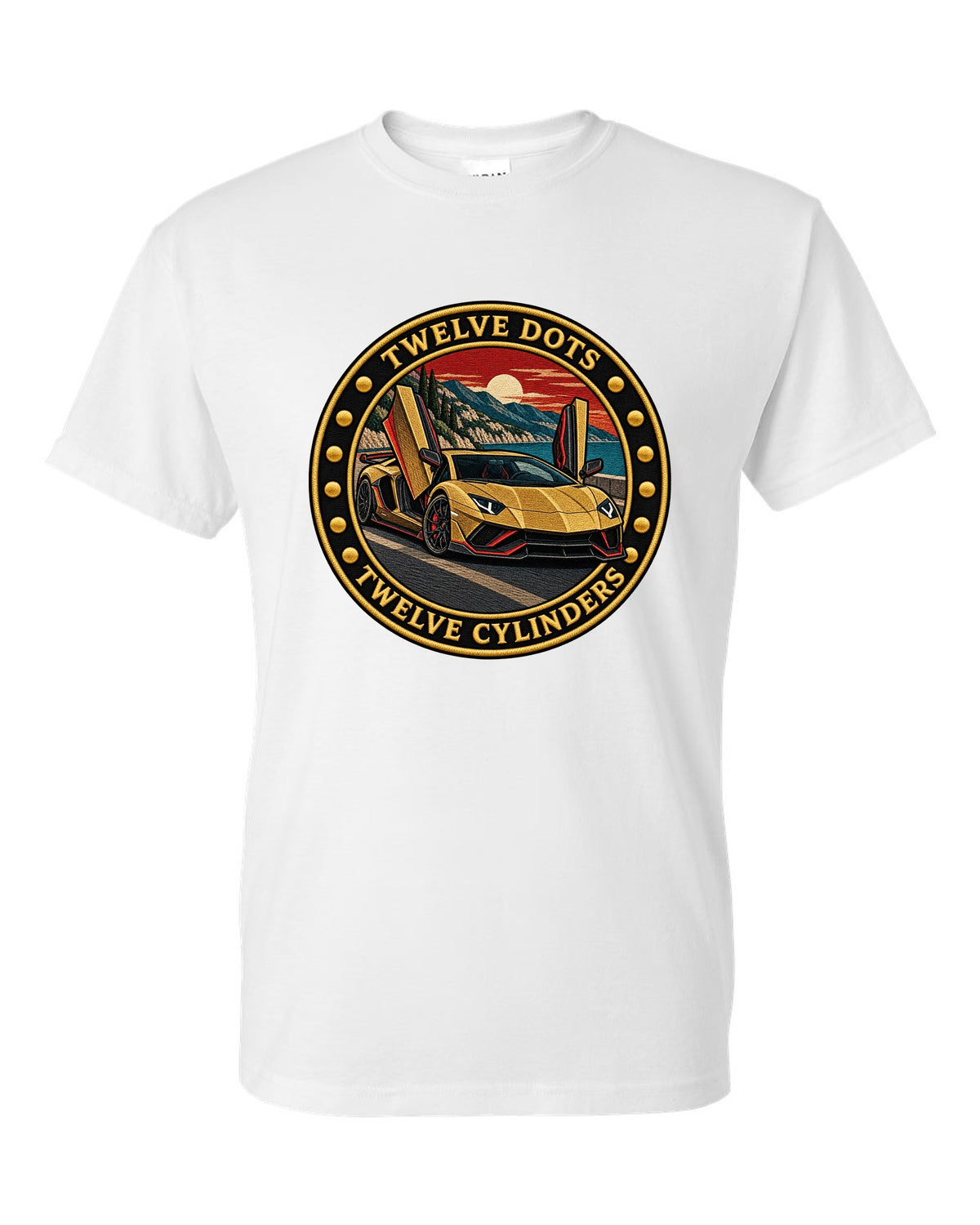Embroidery-style round crest with a Lamborghini Aventador Ultimae LP780-4 and text TWELVE DOTS / TWELVE CYLINDERS white t-shirt front view with the design