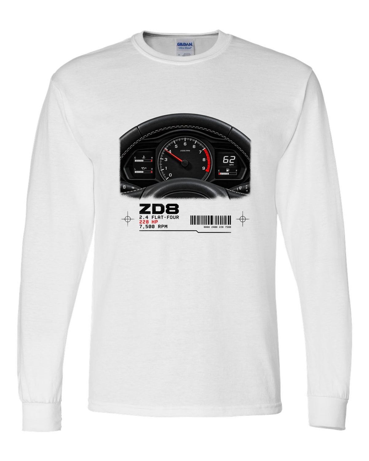 Cockpit gauge cluster print for the Subaru BRZ ZD8 with 2.4 flat-four, 228 HP and 7,500 RPM text white long sleeve front view with the design