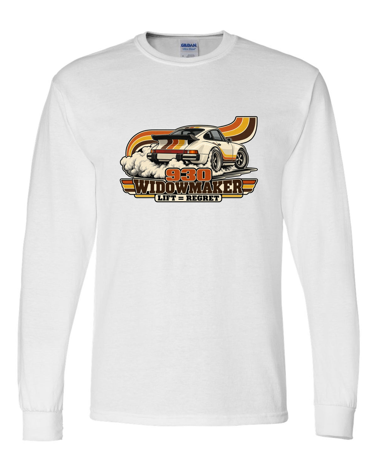 Retro 70s striped illustration of a Porsche 911 Turbo 930 with whale tail white long sleeve front view with the design