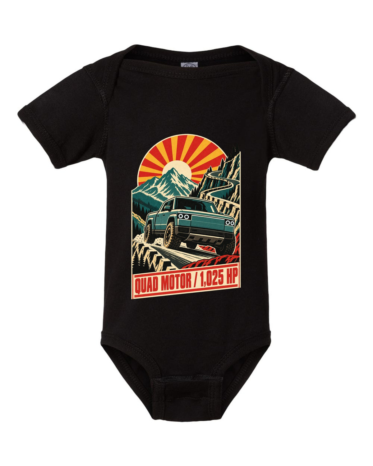 1960s lithographed vintage race poster print of a Rivian R1T reading Quad Motor 1,025 HP black baby onesie front view with the design