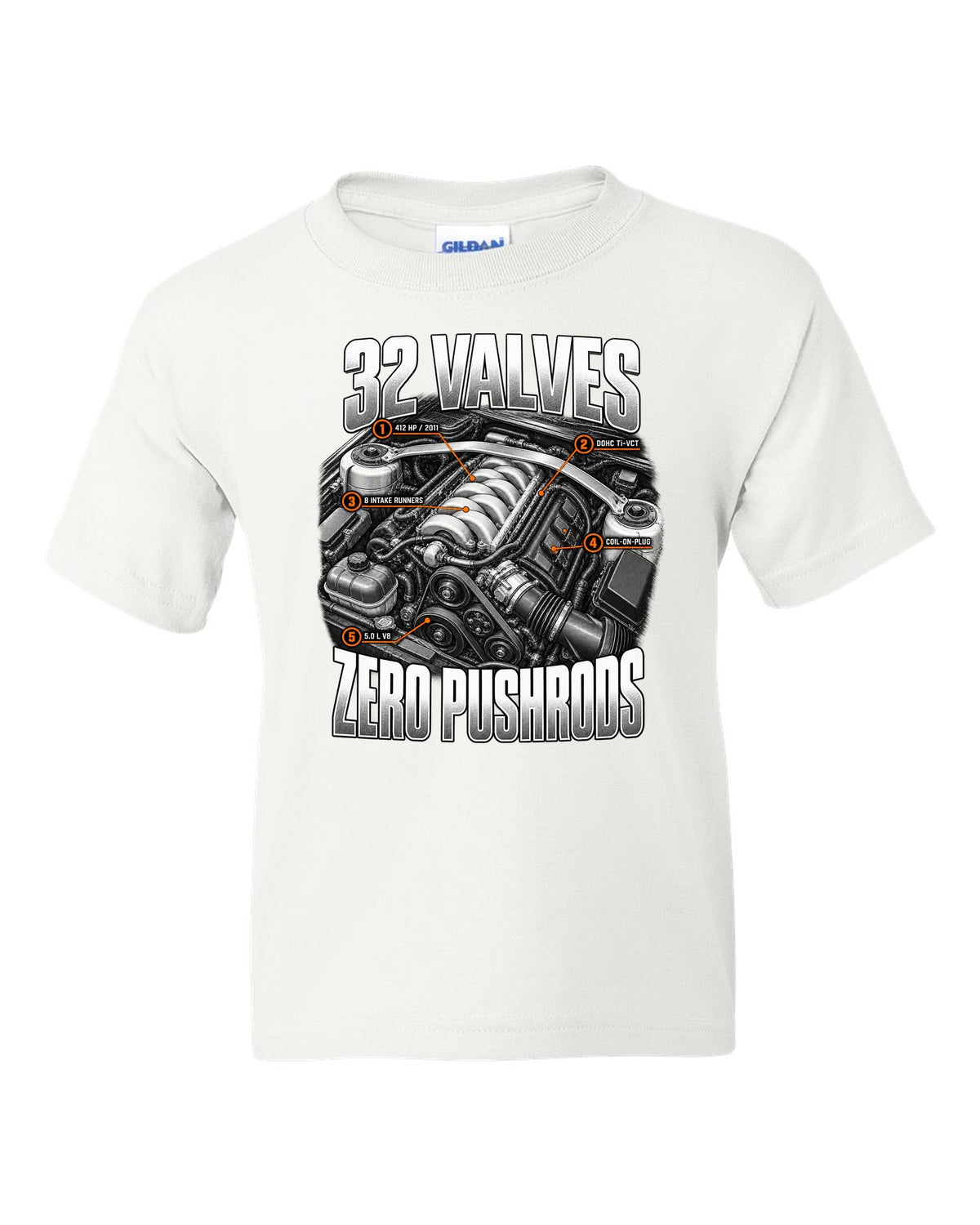 Engine hero print of a Ford Mustang S197 GT 5.0 Coyote engine, 2011-14 white kids tee front view with the design
