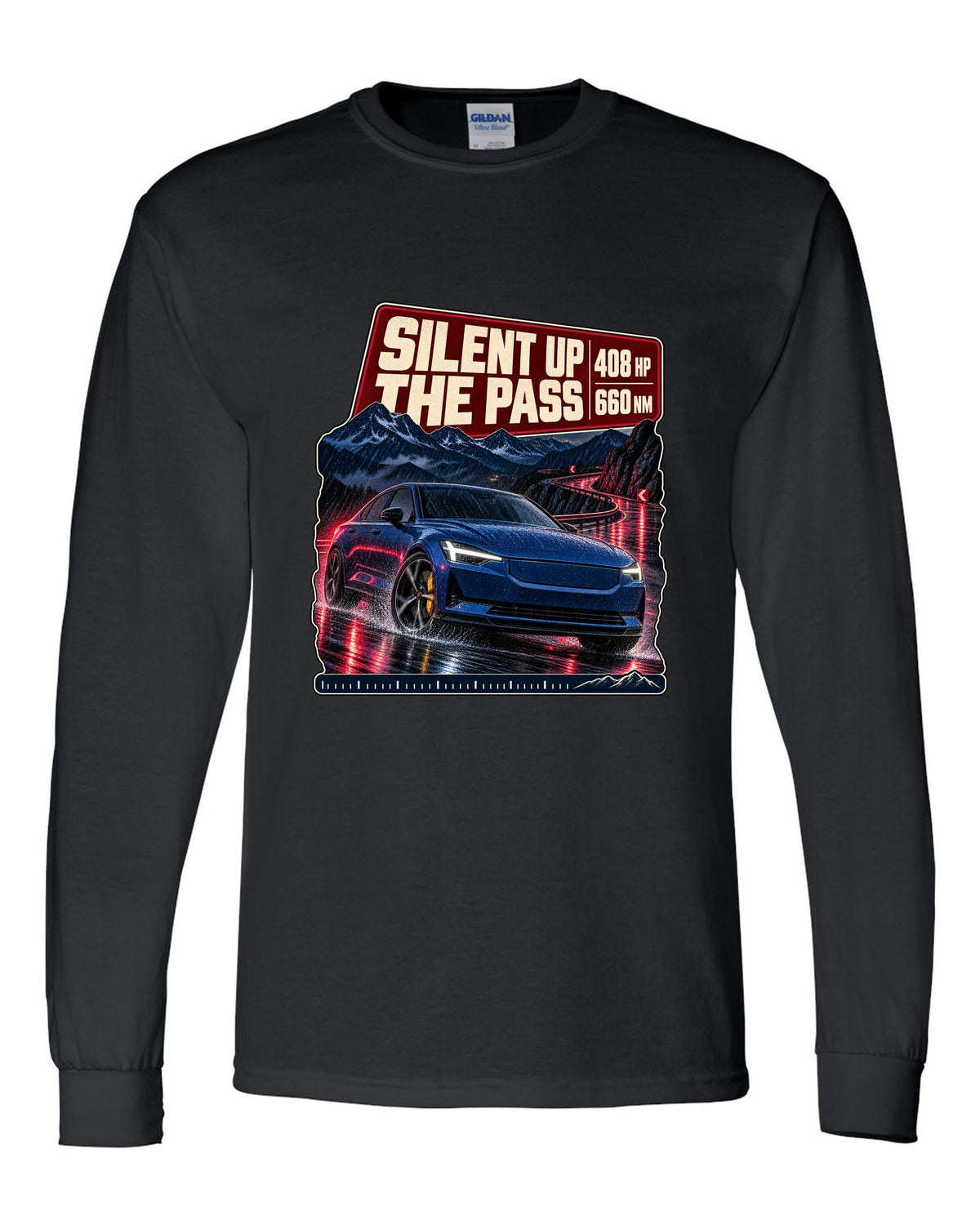 Polestar 2 Launch Edition driving a mountain pass at night, print design black long sleeve front view with the design