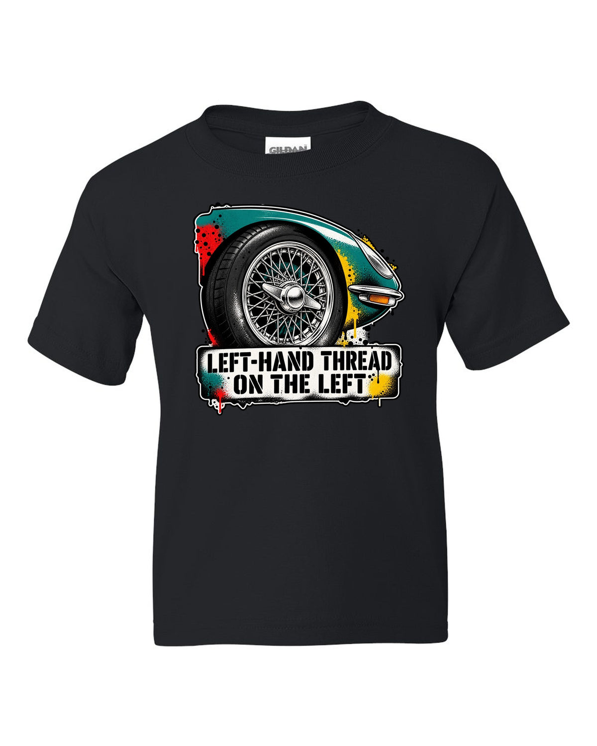 Jaguar E-Type Series 1 stencil spray with LEFT-HAND THREAD ON THE LEFT lettering black kids tee front view with the design